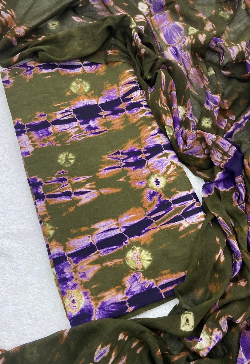 Allover Classic Tie Dye Suit (Mehendi Green - Purple) - Yanchi