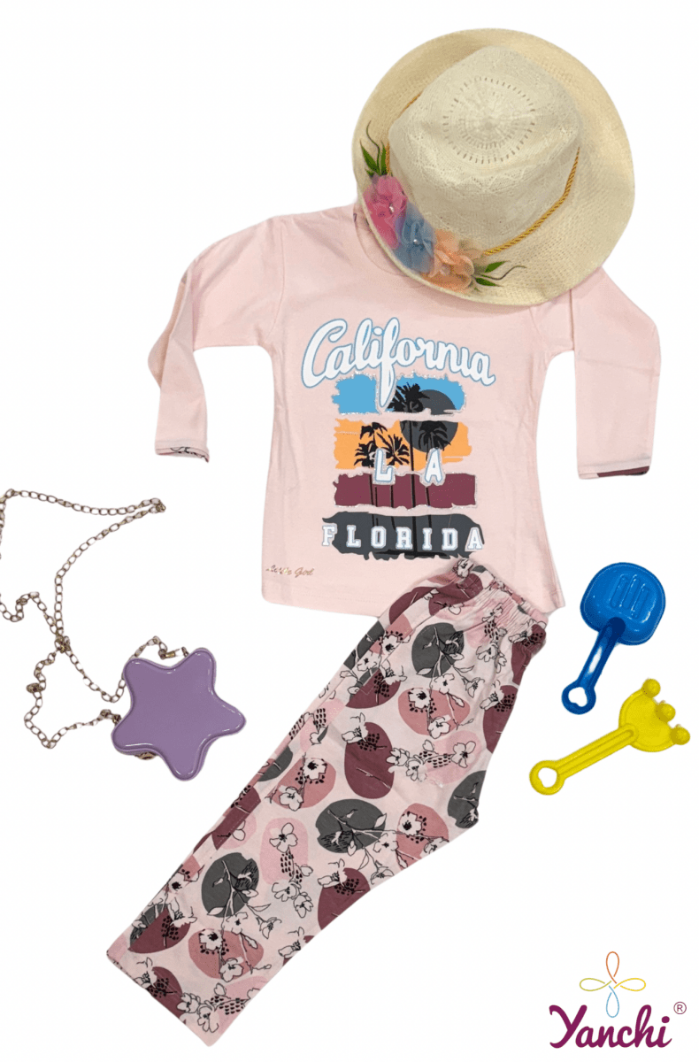 Bella Bloom California Tshirt & Bottom Set (Light Peach) - Yanchi