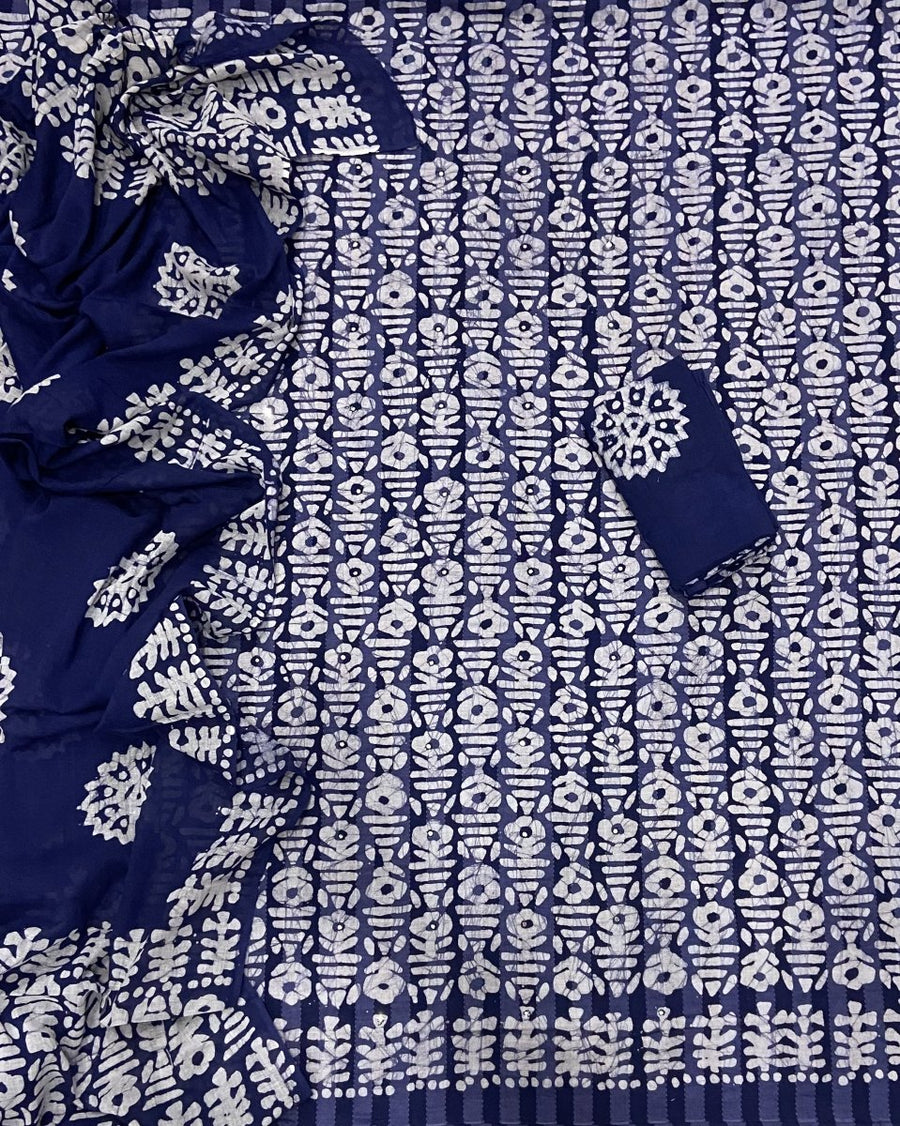Block Print Elegant Cotton Suit Set (w/ Mirror Work) - Yanchi