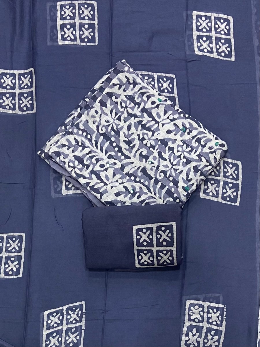 Block Print Elegant Cotton Suit Set (w/ Mirror Work) - Yanchi