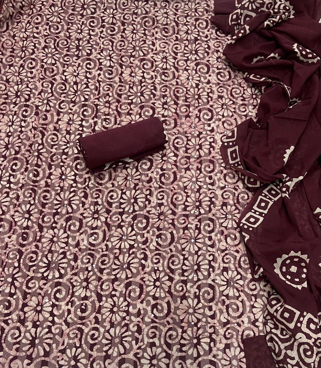 Block Print Elegant Cotton Suit Set (w/ Mirror Work) - Yanchi