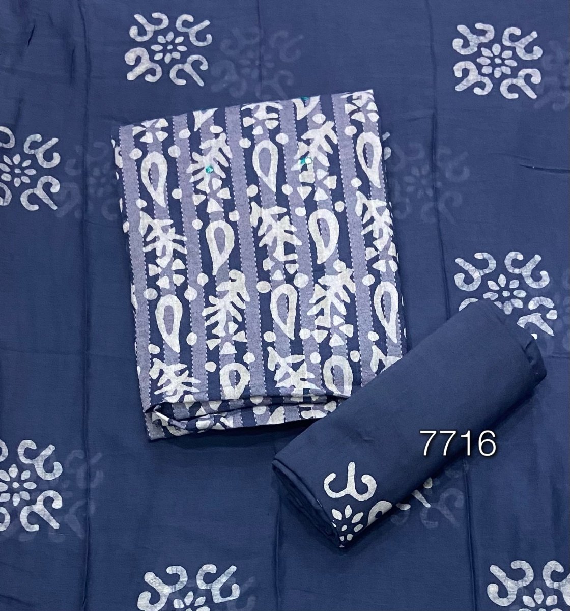 Block Print Elegant Cotton Suit Set (w/ Mirror Work) - Yanchi