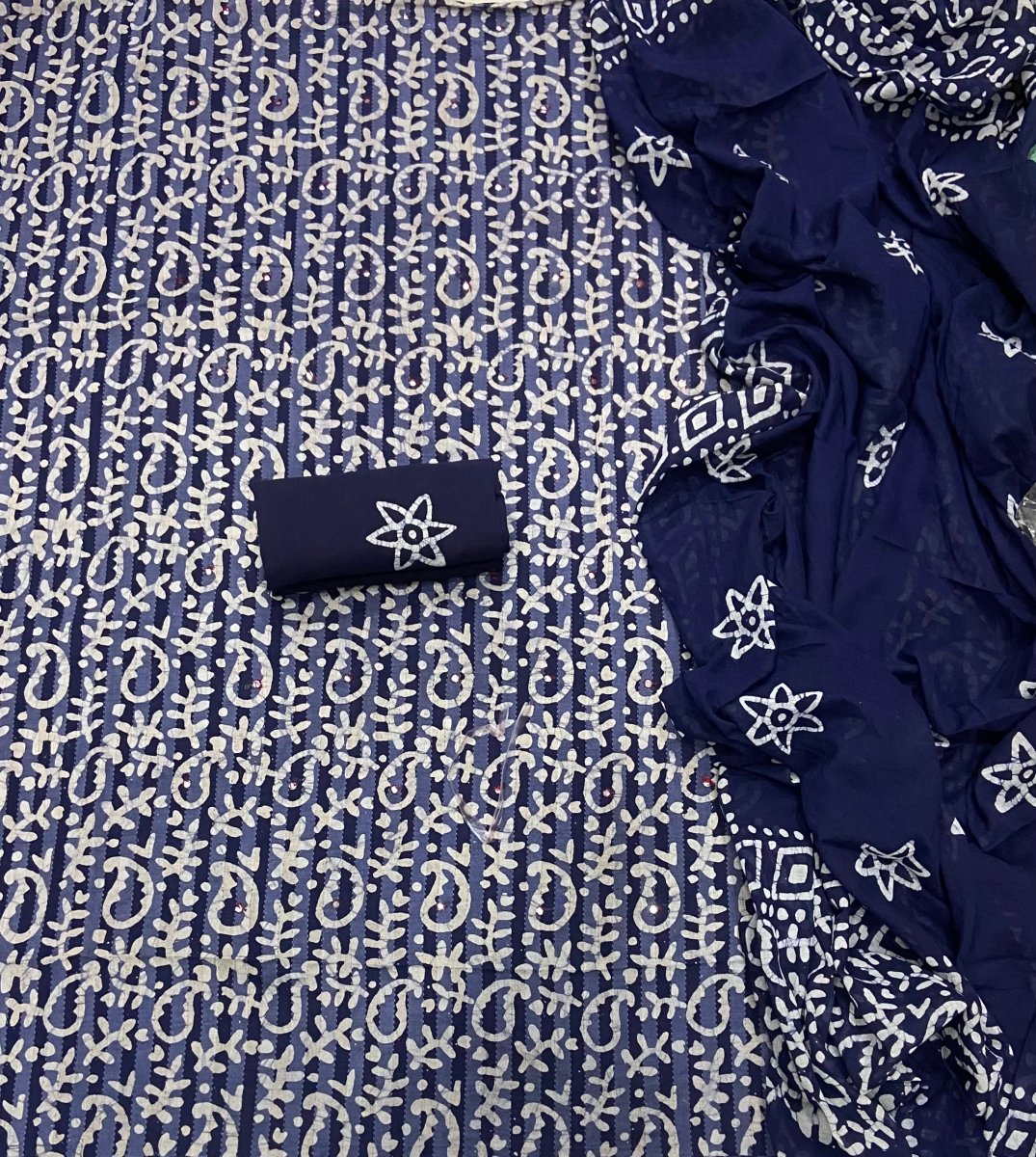 Block Print Elegant Cotton Suit Set (w/ Mirror Work) - Yanchi