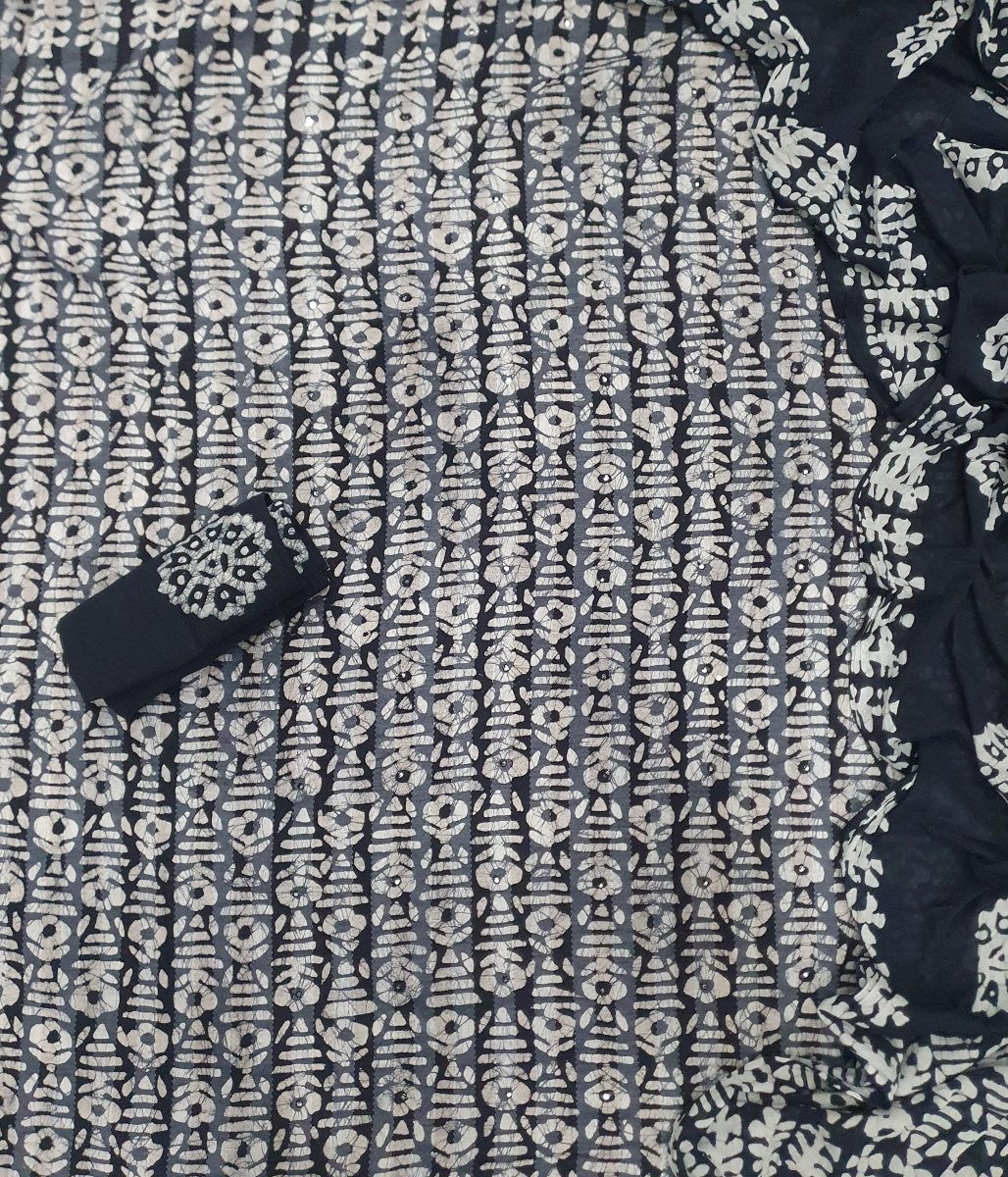 Block Print Elegant Cotton Suit Set (w/ Mirror Work) - Yanchi