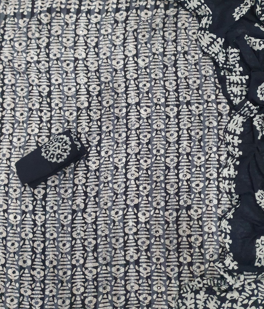 Block Print Elegant Cotton Suit Set (w/ Mirror Work) - Yanchi