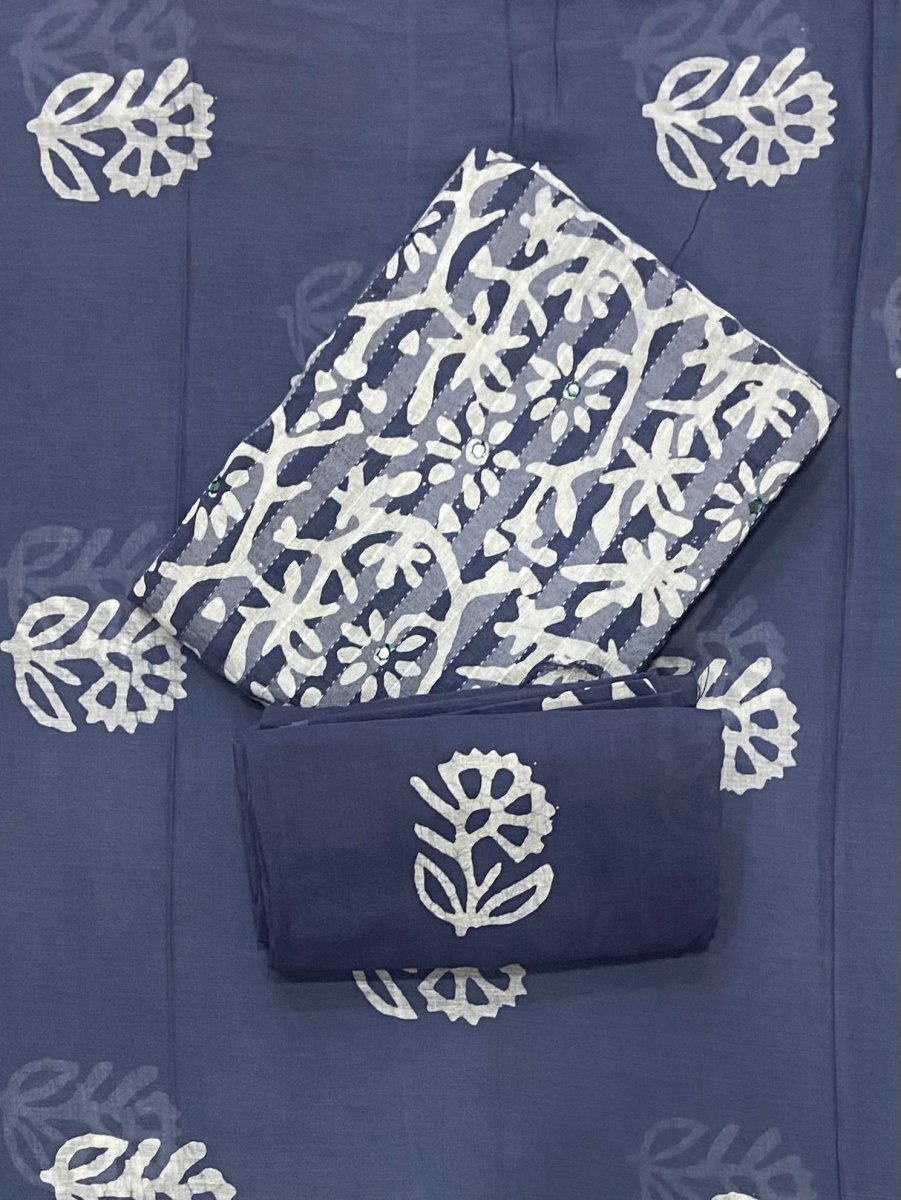Block Print Elegant Cotton Suit Set (w/ Mirror Work) - Yanchi