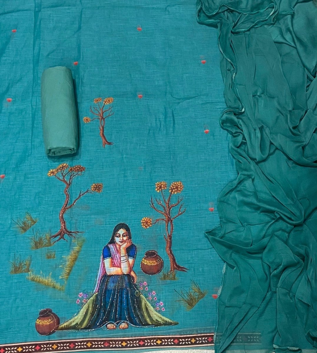 Classy Femora Linen Digital Print Suit Set with Swarovski Work - Yanchi