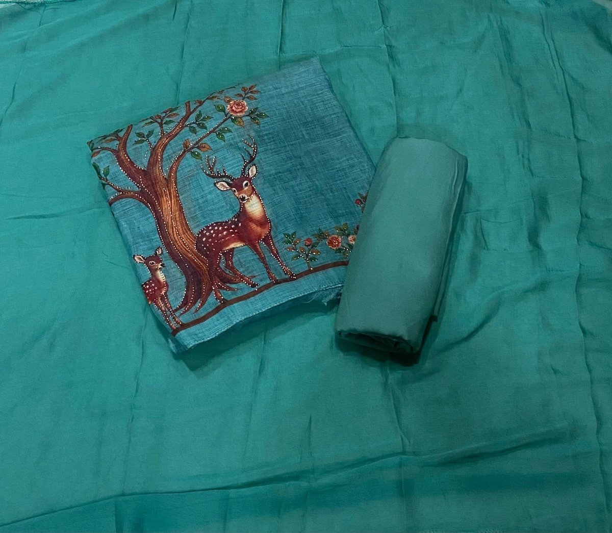 Classy Femora Linen Digital Print Suit Set with Swarovski Work - Yanchi