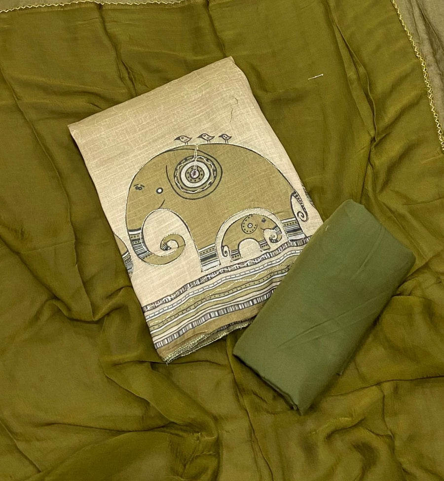 Classy Femora Linen Shimmer Silk Suit Set with mirror work - Yanchi