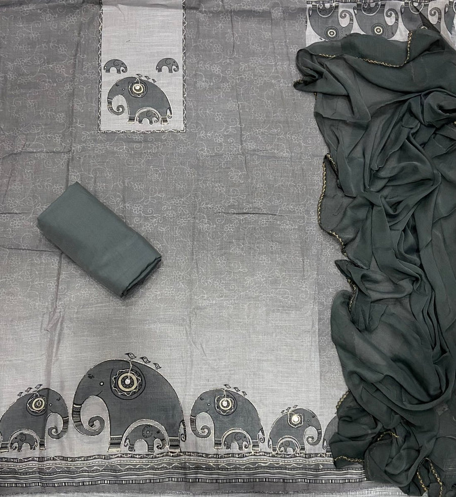 Classy Femora Linen Shimmer Silk Suit Set with mirror work - Yanchi