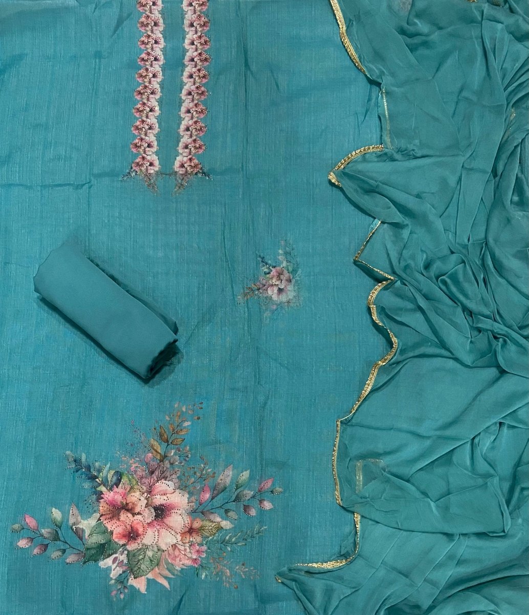 Classy Femora Linen Shimmer Silk Suit Set with Swarovski Work - Yanchi