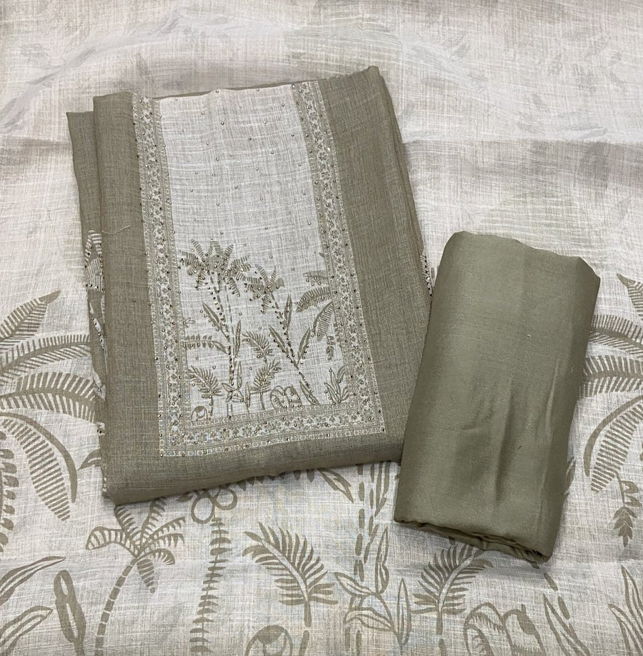 Classy Femora Linen Shimmer Silk Suit Set with Swarovski Work - Yanchi