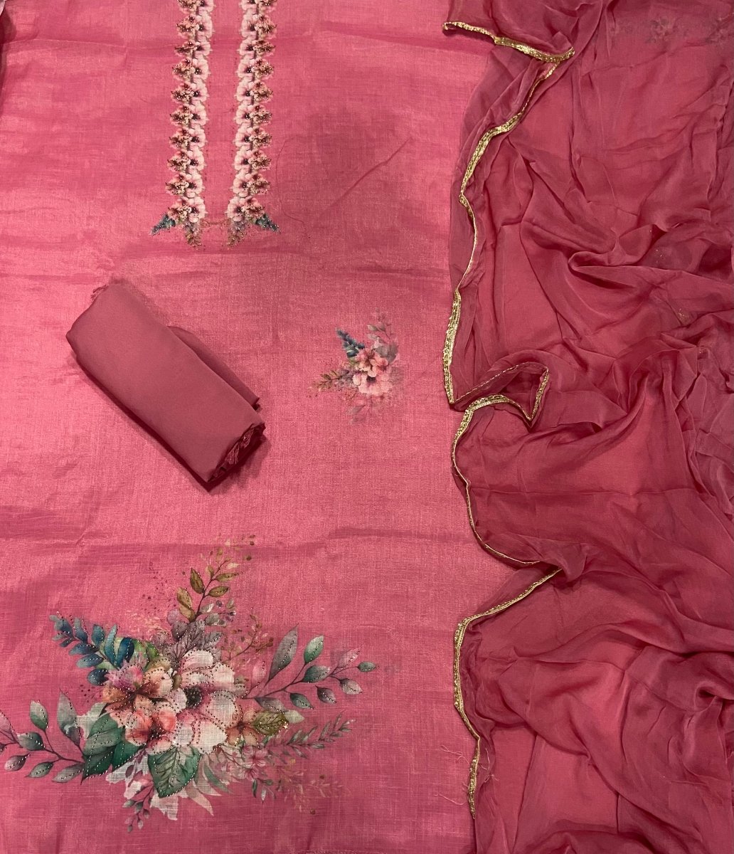 Classy Femora Linen Shimmer Silk Suit Set with Swarovski Work - Yanchi