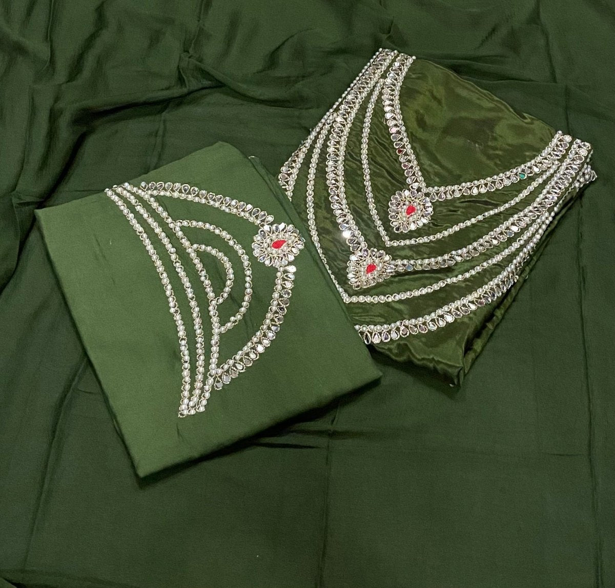 Classy Glass Organza Suit Set with Heavy Pearl & Real Mirror Work - Yanchi