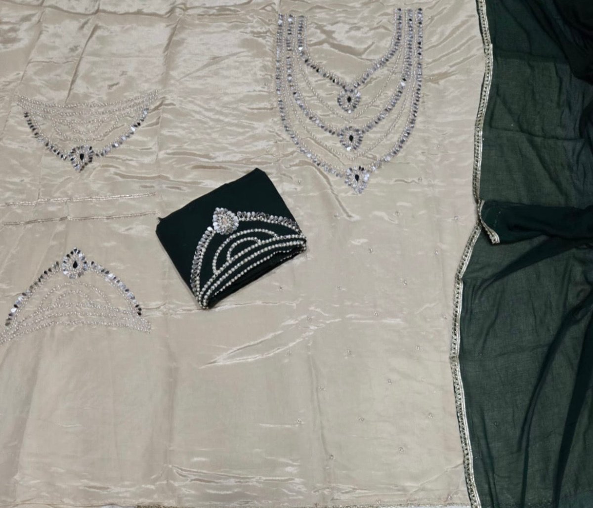 Classy Glass Organza Suit Set with Heavy Pearl & Real Mirror Work - Yanchi