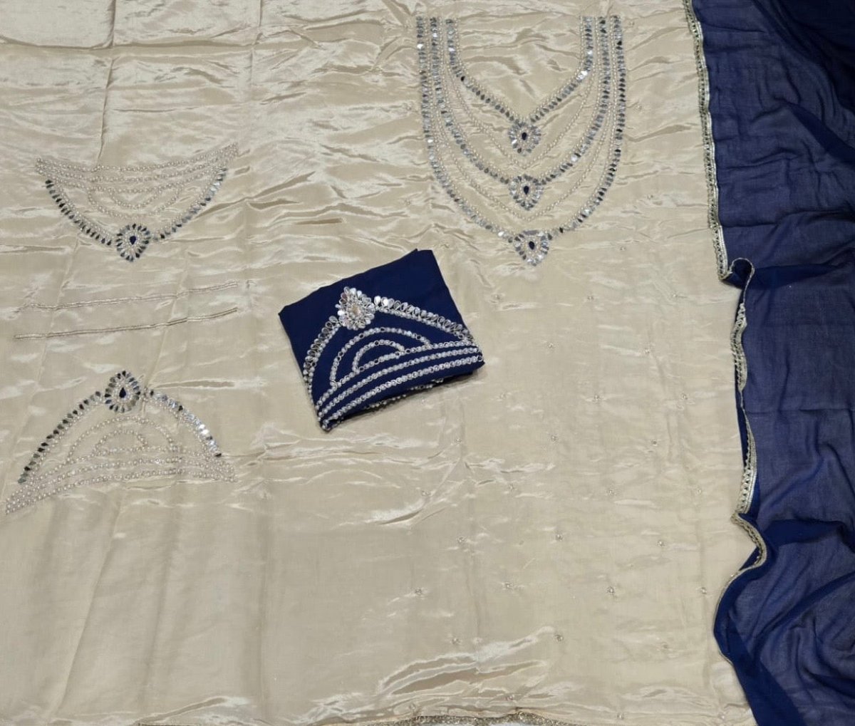 Classy Glass Organza Suit Set with Heavy Pearl & Real Mirror Work - Yanchi