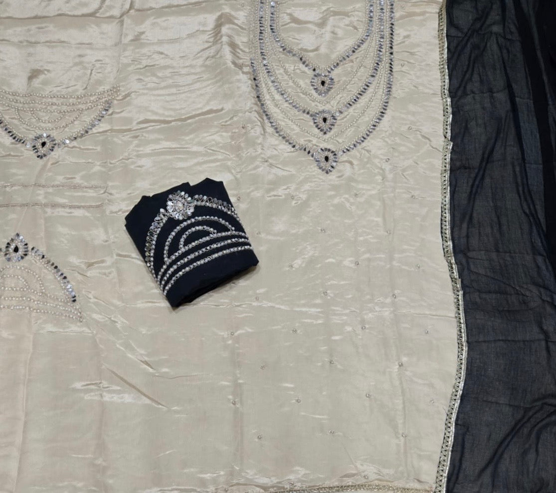 Classy Glass Organza Suit Set with Heavy Pearl & Real Mirror Work - Yanchi