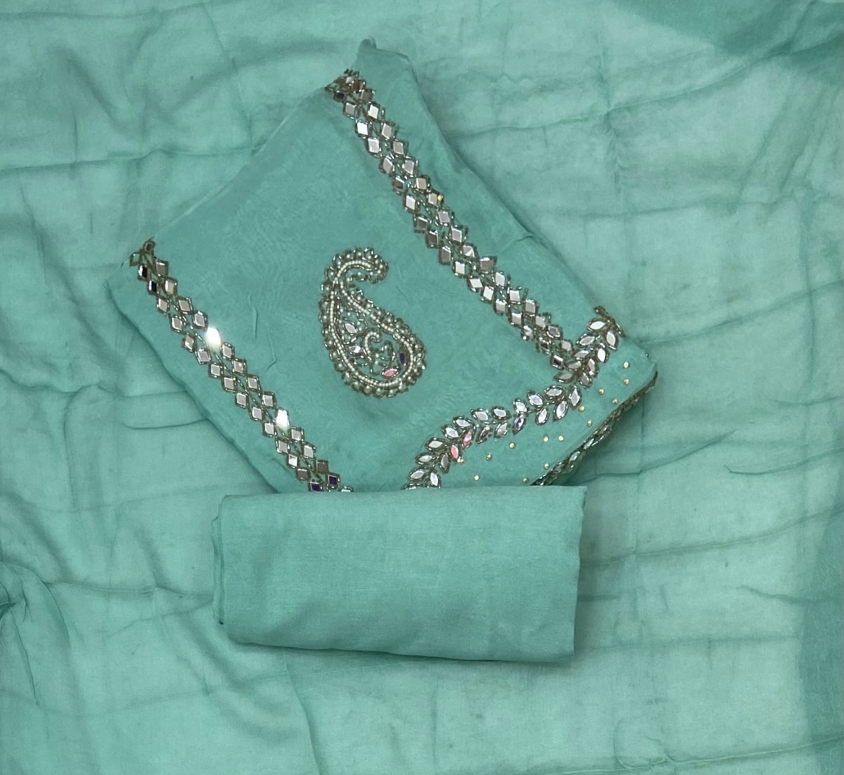 Classy Glass Organza Suit Set with Heavy Real Mirror Work - Yanchi