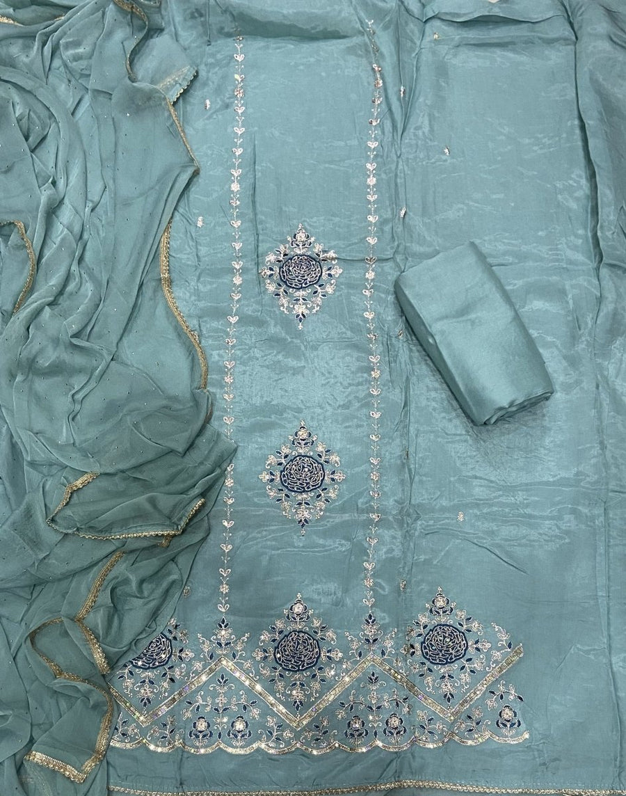 Classy Glass Organza Suit Set with Sequence & Zari Thread Work - Yanchi