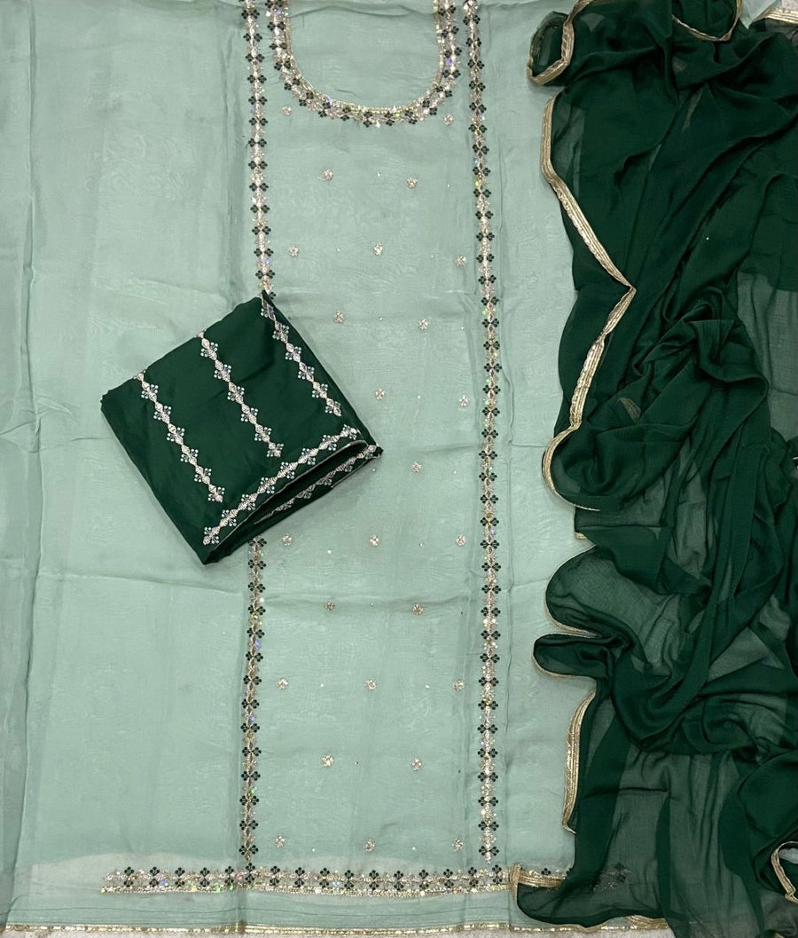 Classy Glass Organza Suit Set with Sequence & Zari Thread Work - Yanchi