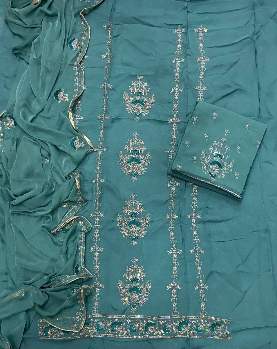 Classy Glass Organza Suit Set with Sequence & Zari Thread Work - Yanchi