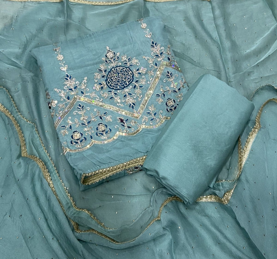 Classy Glass Organza Suit Set with Sequence & Zari Thread Work - Yanchi