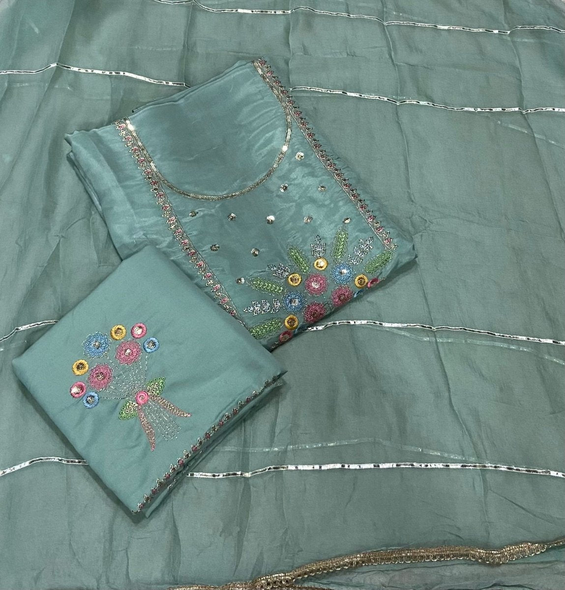 Classy Glass Organza Suit Set with Sequins & Zari Thread Work - Yanchi