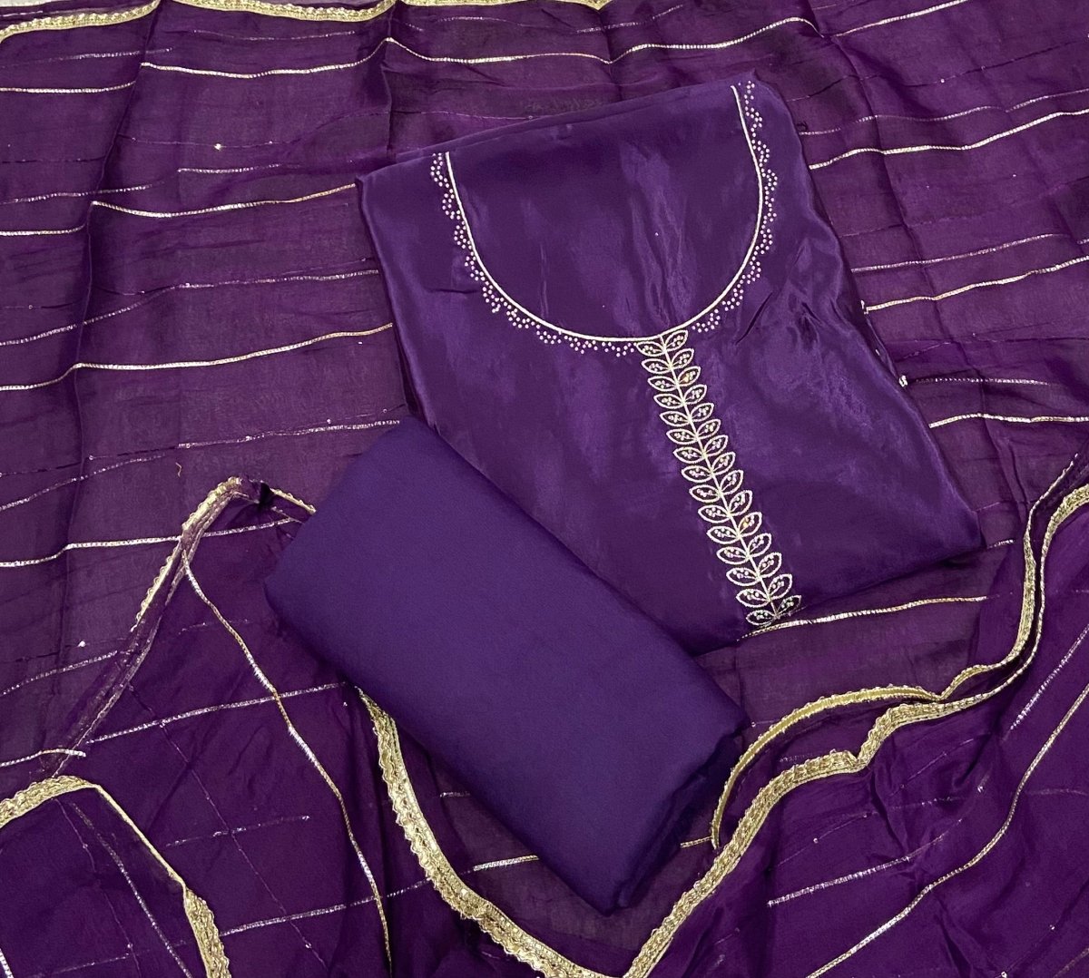Classy Glass Organza Suit Set with Stone & Zari Thread Work - Yanchi