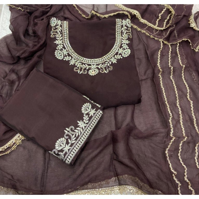 Classy Glass Organza Suit Set with Stone & Zari Thread Work - Yanchi