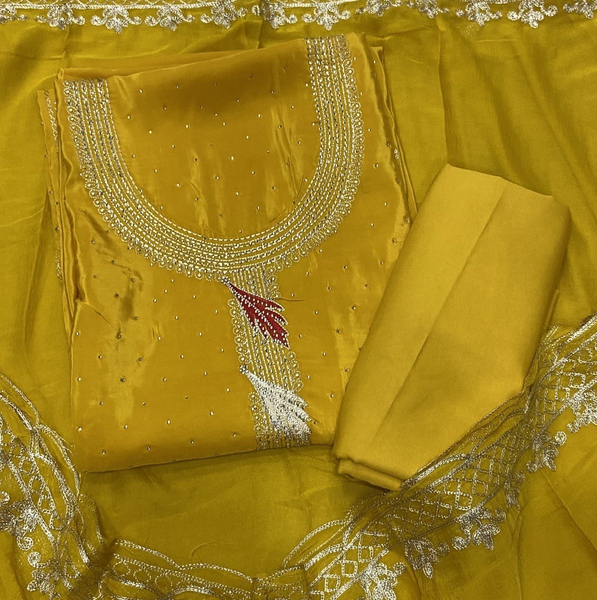 Classy Glass Organza Suit Set with Stone & Zari Thread Work - Yanchi