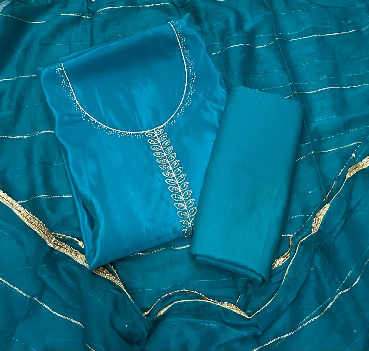 Classy Glass Organza Suit Set with Stone & Zari Thread Work - Yanchi