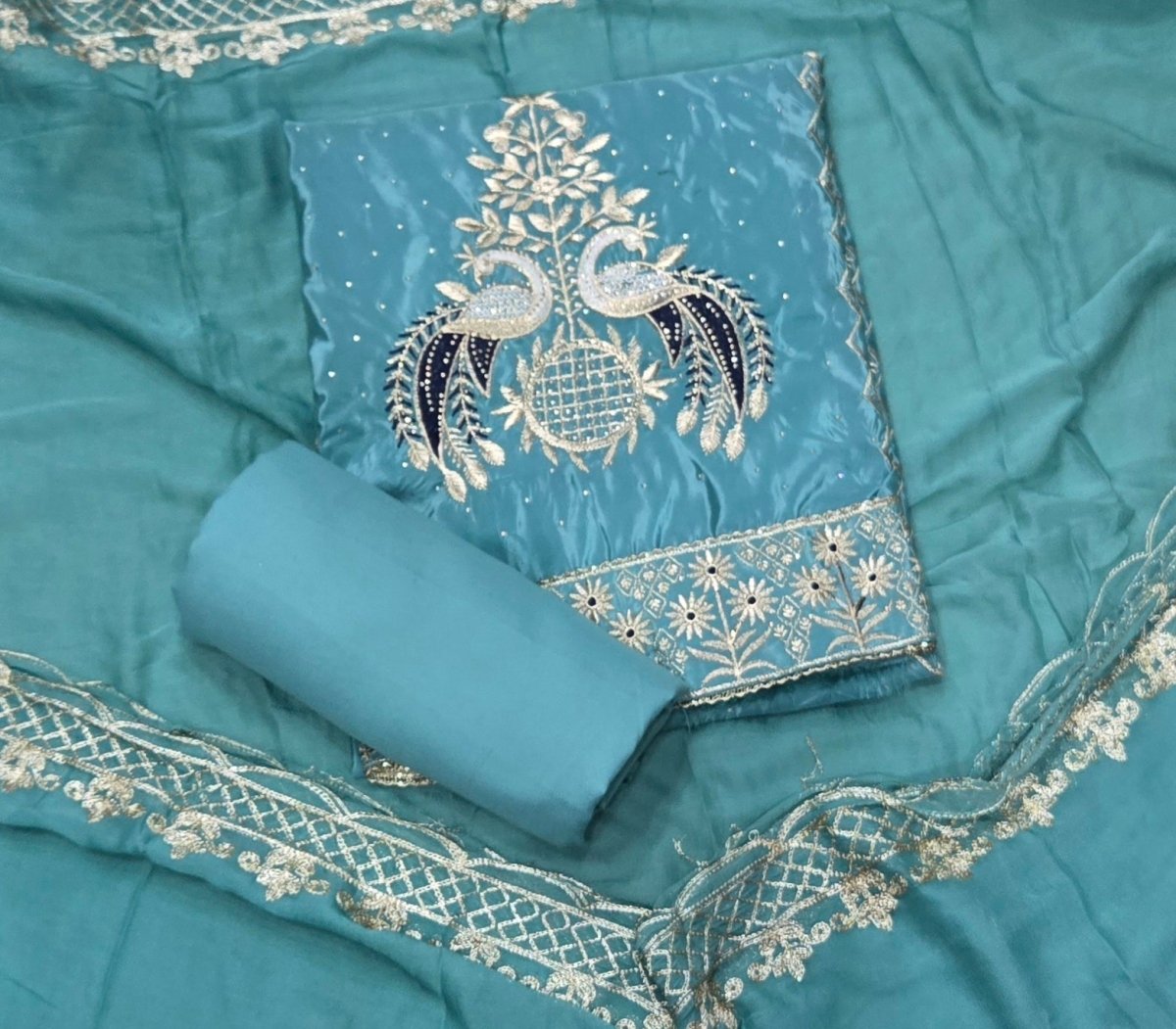Classy Glass Organza Suit Set with Stone & Zari Thread Work - Yanchi