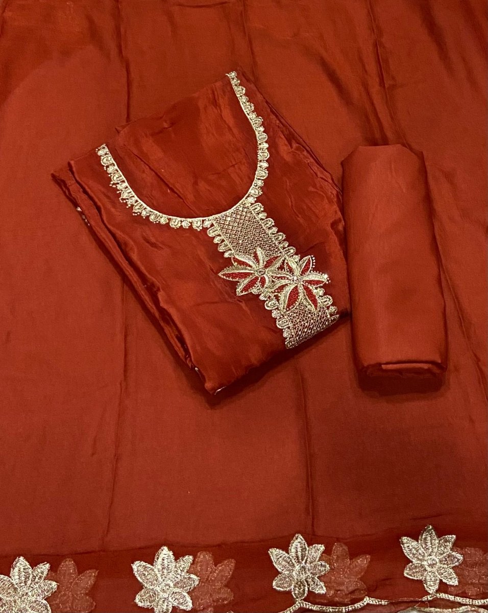 Classy Glass Organza Suit Set with Stone & Zari Thread Work - Yanchi