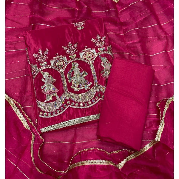 Classy Glass Organza Suit Set with Stone & Zari Thread Work - Yanchi
