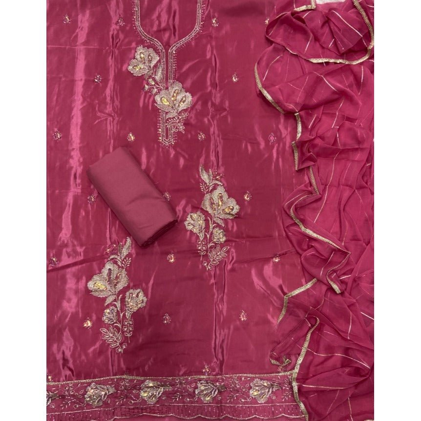 Classy Glass Organza Suit Set with Stone & Zari Thread Work - Yanchi