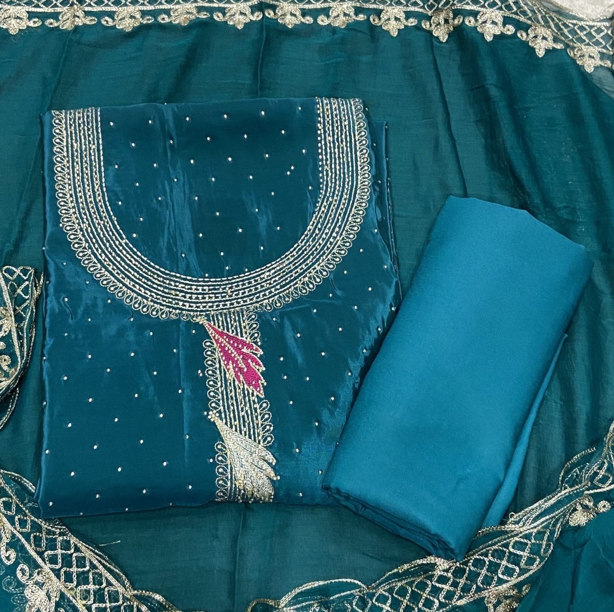 Classy Glass Organza Suit Set with Stone & Zari Thread Work - Yanchi