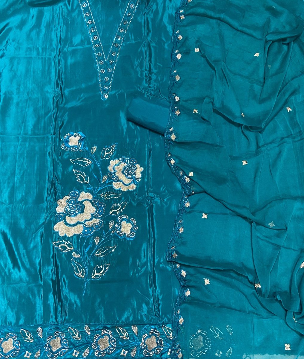 Classy Glass Organza Suit Set with Zari & Swarovski Work - Yanchi