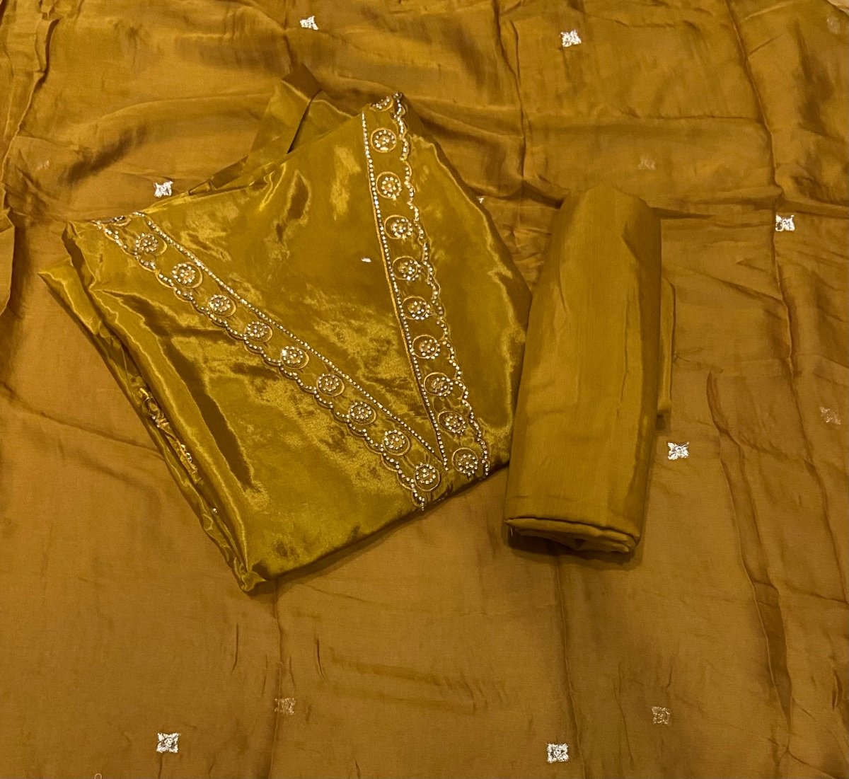 Classy Glass Organza Suit Set with Zari & Swarovski Work - Yanchi