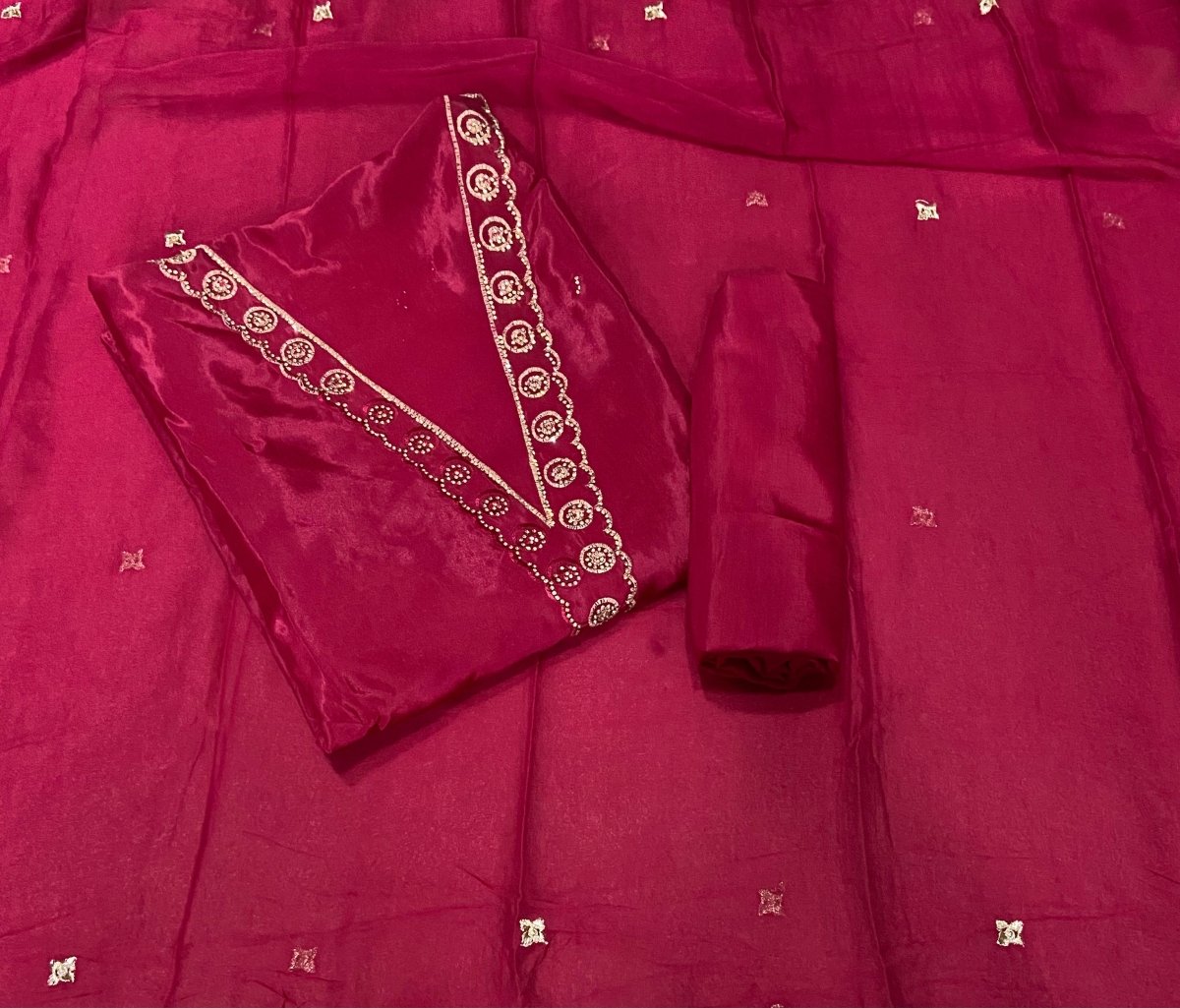 Classy Glass Organza Suit Set with Zari & Swarovski Work - Yanchi