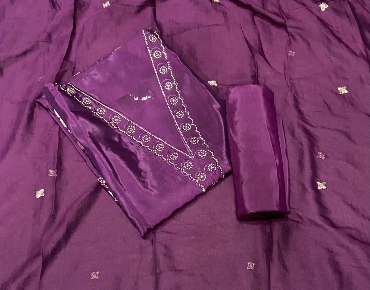 Classy Glass Organza Suit Set with Zari & Swarovski Work - Yanchi