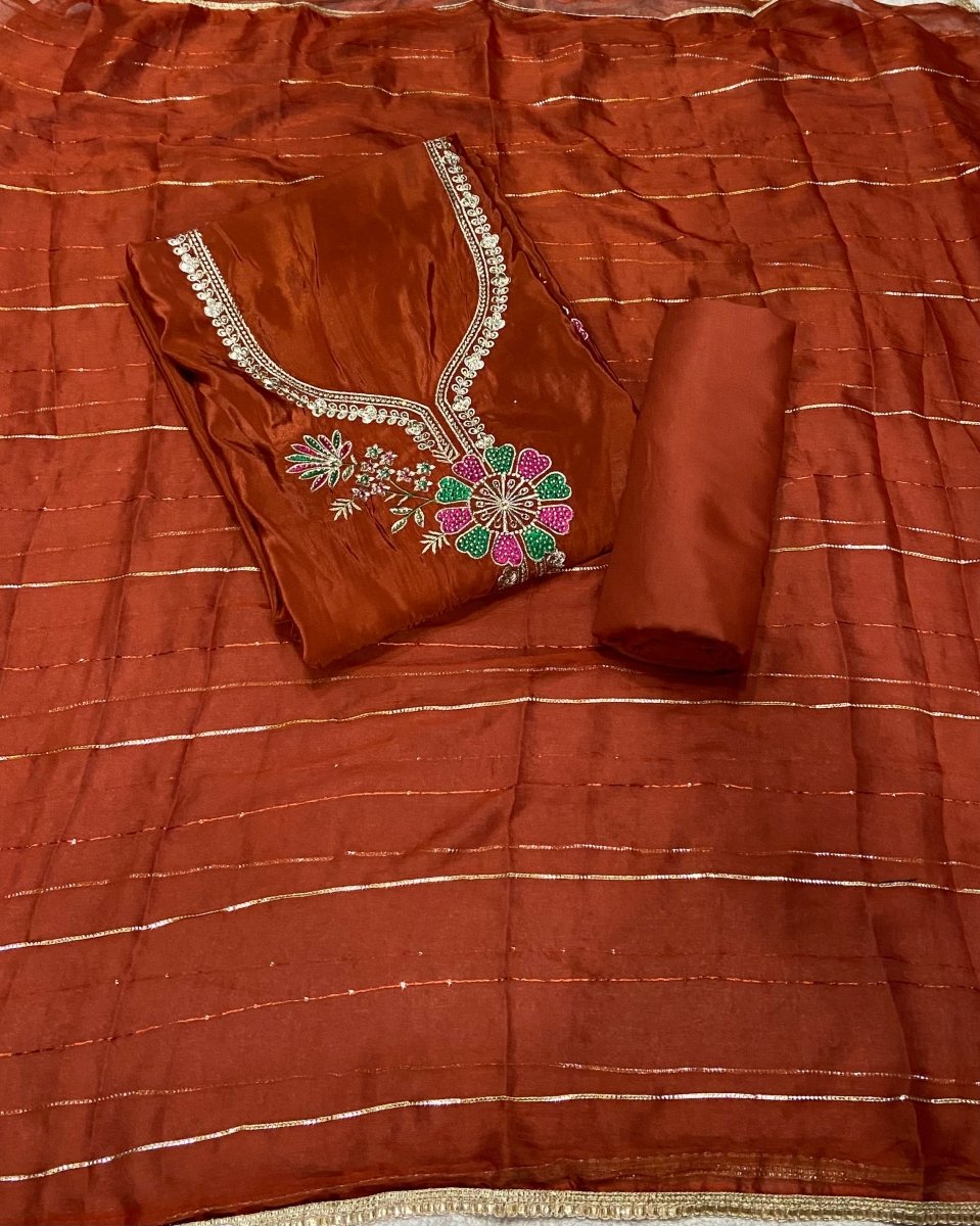 Classy Glass Organza Suit Set with Zari Thread Work - Yanchi