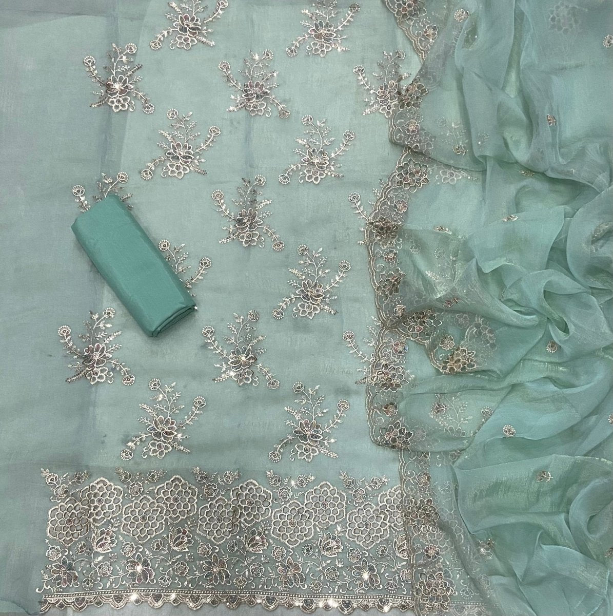 Classy Organza Crush Silk Suit Set with Sequins & Zari Thread Work - Yanchi