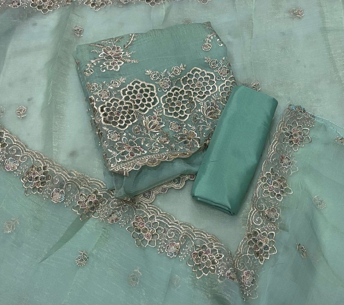 Classy Organza Crush Silk Suit Set with Sequins & Zari Thread Work - Yanchi