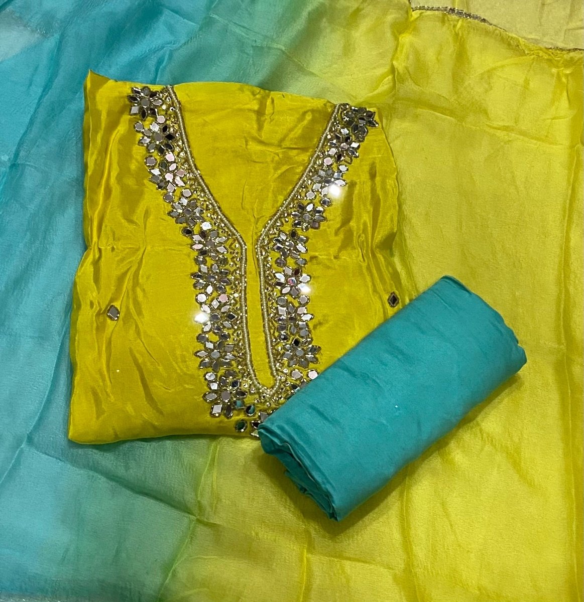 Classy Organza Suit Set with Heavy Real Mirror & Pearl Work - Yanchi