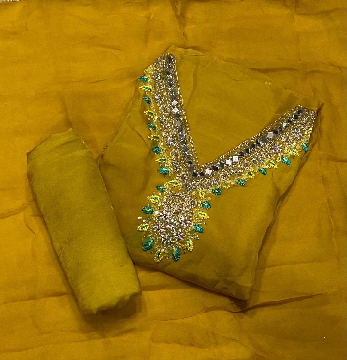 Classy Organza Suit Set with Heavy Real Mirror & Pearl Work - Yanchi