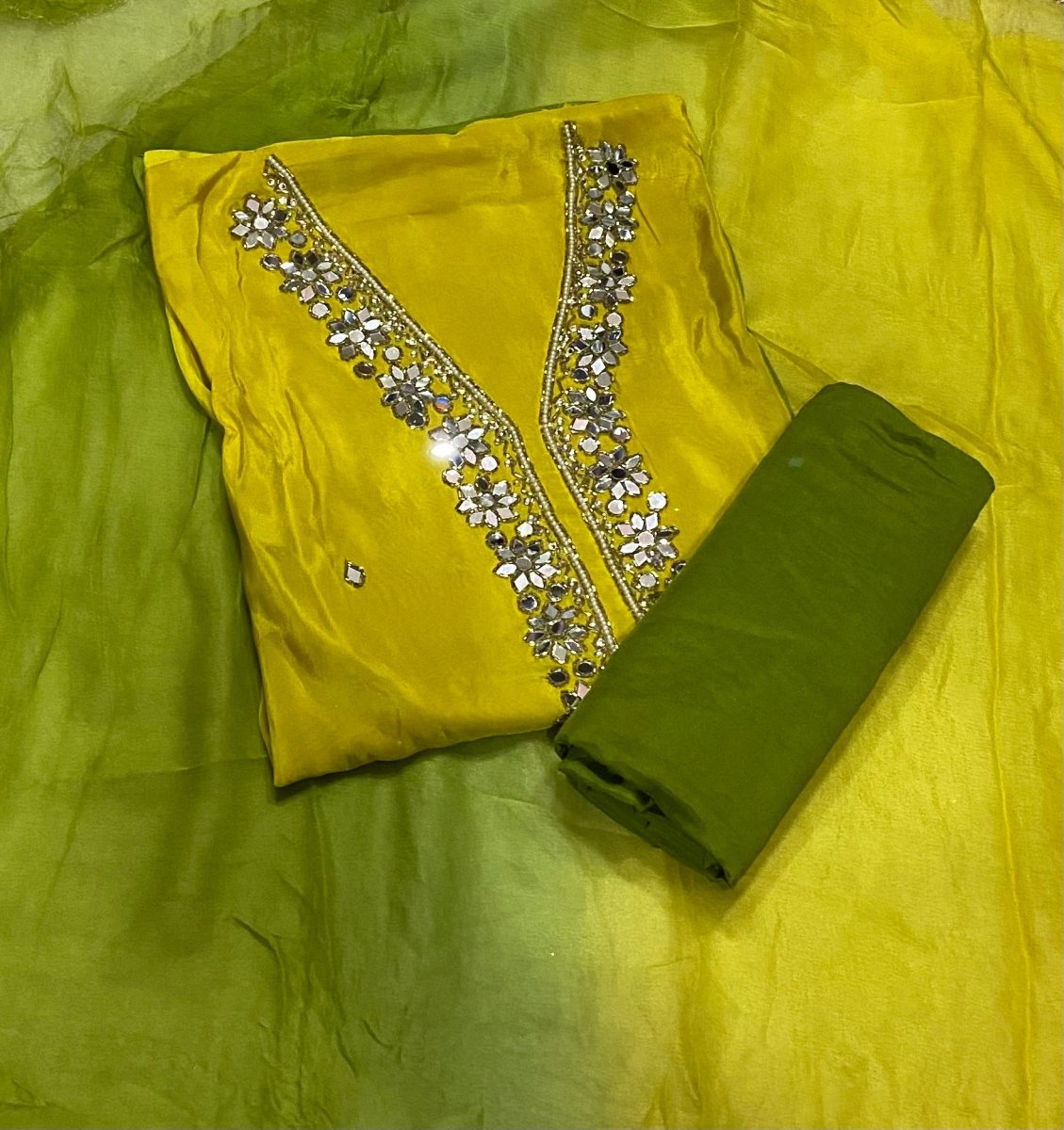 Classy Organza Suit Set with Heavy Real Mirror & Pearl Work - Yanchi