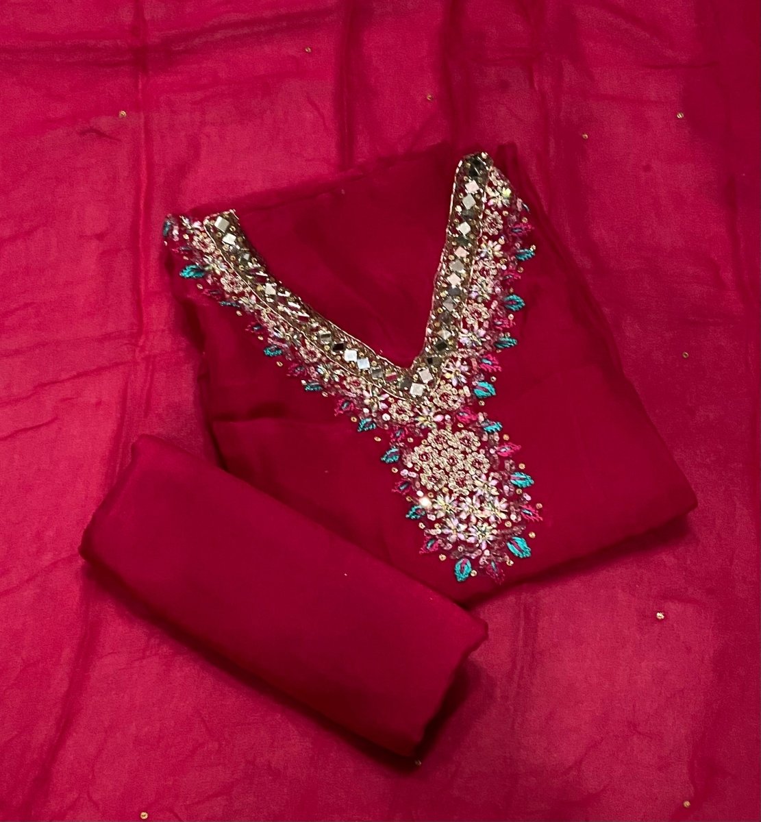 Classy Organza Suit Set with Heavy Real Mirror & Pearl Work - Yanchi