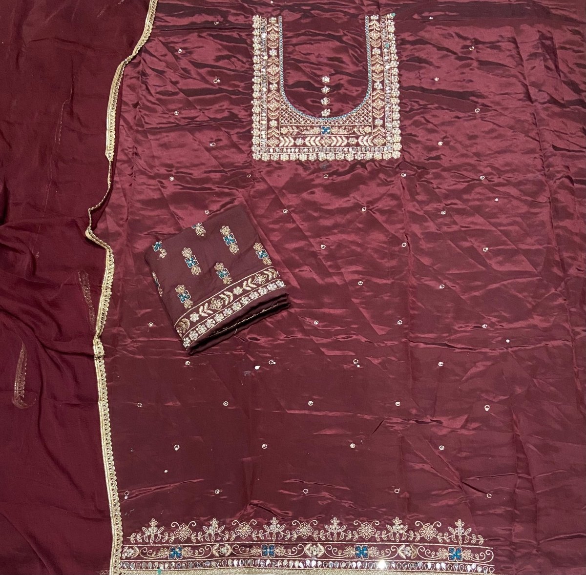 Classy Wow Glass Organza Suit Set with Heavy Pearl & Real Mirror Work - Yanchi