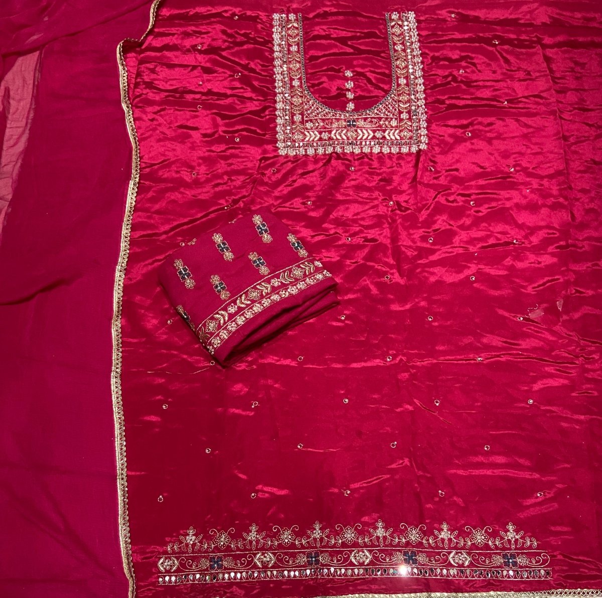 Classy Wow Glass Organza Suit Set with Heavy Pearl & Real Mirror Work - Yanchi