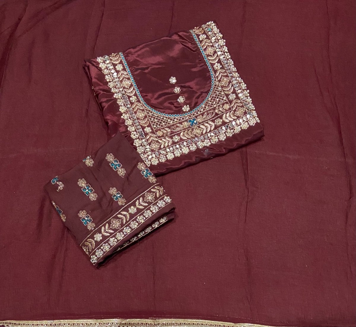 Classy Wow Glass Organza Suit Set with Heavy Pearl & Real Mirror Work - Yanchi